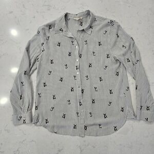 Jane and Delancey French Bulldog Stripe Button Down Shirt Womens Medium